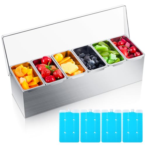 Boao 6 Slot Ice Chilled Stainless Steel Condiment Caddy with 4 Ice Packs