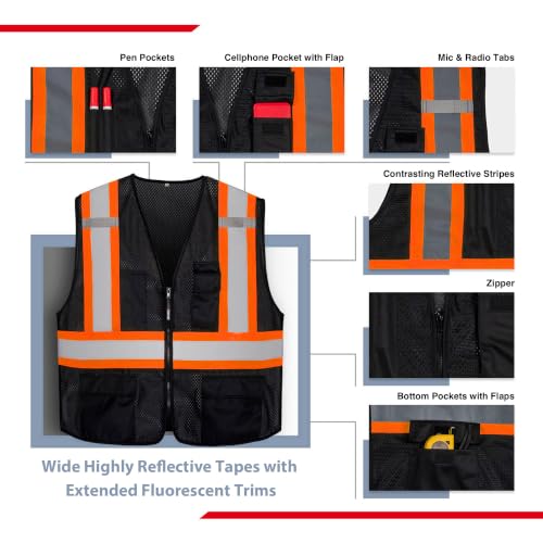 KAYGO Reflective High Vis Safety Vest with Pockets for Men and Women KG0100 - color: Black, size: Small