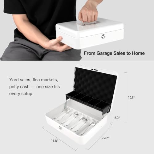 Cash Box with Key Lock – 0.7mm Steel Cash Drawer with Money Bag & Auto-Pop Coin Tray, 4 Upgraded Finger-Safe Bill Clips, Portable Register for Vendors, Business & Home, 11.8" x 9.5" x 3.5", White - color: White