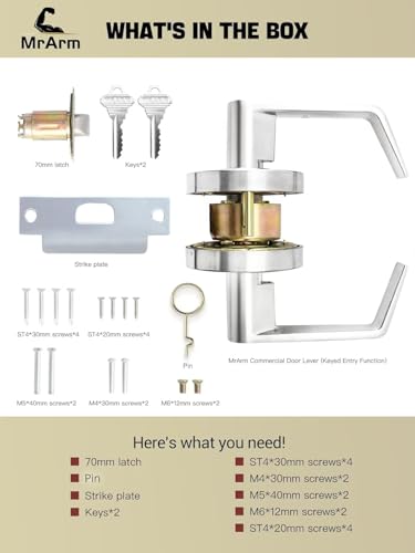 MrArm Commercial Door Lever Lock, Heavy-Duty Locking Door Handle, Designer Door Handles, Cylindrical Lever Lock, Non-Handed Grade 2 Industrial Standard Door Handle, Satin Chrome(Classroom)