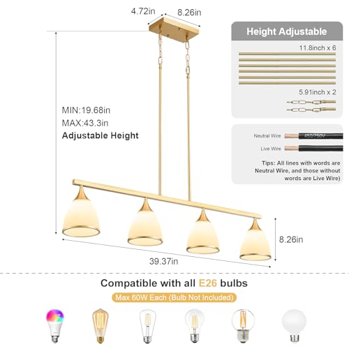 4-Light Modern Linear Chandelier for Kitchen Island Light Fixtures - color: Gold