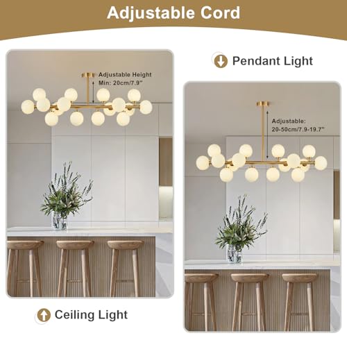 KCO Lighting Modern Glass Linear Pendant Light White Globe Chandelier Light Fixture Gold Rectangle Chandelier 16 Light Brass Globe Sputnik Dining Room Chandelier Mid Century Pendant Light - color: 16 Light-Gold