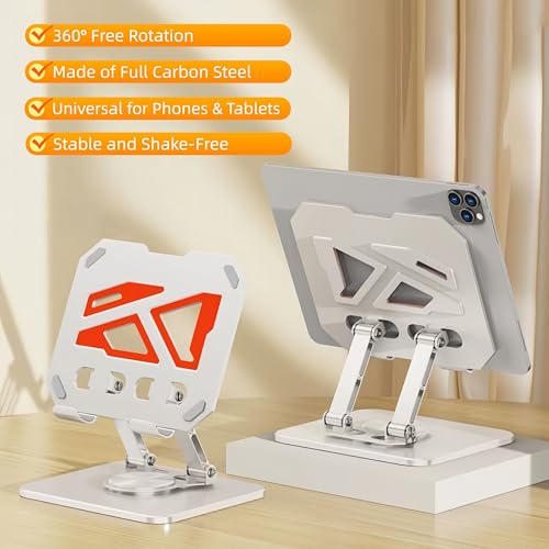 360° Rotatable & Adjustable Metal Tablet Stand for Desk, Foldable & Portable Tablet Holder, Compatible with iPad Pro/Air, iPhone & Switch, Universal Use for Office/Movie/Drawing/Gaming, White - color: Two-Tone Stand - White
