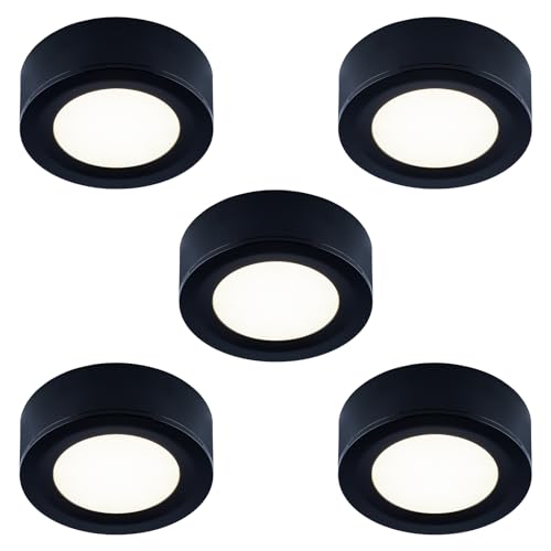 LUMILAND Wired LED Puck Lights 120V (2.7Wx5) Plug-in Lighting Warm White, LED Cabinet Light for Kitchen Can Be Surface Mount or Recess Mount, Black - color: Black-5 Pack, size: 3000K