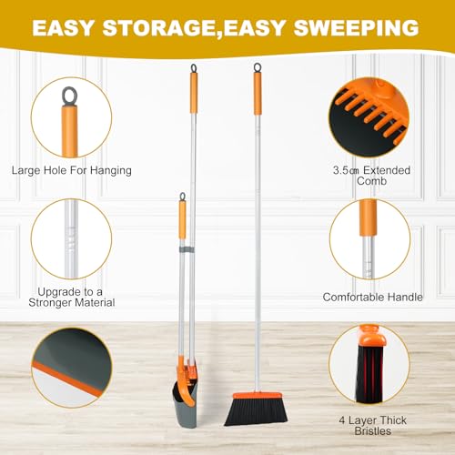 Broom and Dustpan Set with 54 Inch Long Handle - Perfect Dust Pan and Brush Combo for Home Efficient Cleaning (Orange and Grey) - color: Orange and Grey