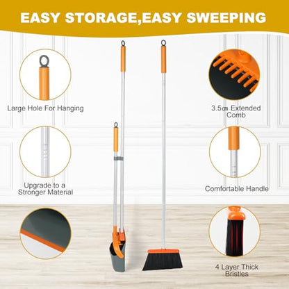 Broom and Dustpan Set with 54 Inch Long Handle - Perfect Dust Pan and Brush Combo for Home Efficient Cleaning (Orange and Grey) - color: Orange and Grey