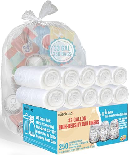 BEIDOU-PAC 33 Gallon Trash Bags, 250 Count Bulk, Heavy Duty Clear Plastic Recycling Garbage Bags, Multi-purpose Can Liners for Business Home Commercial, Industrial Contractors, Storage & Outdoor - style: 33 Gallon |250 Count(Value Pack)