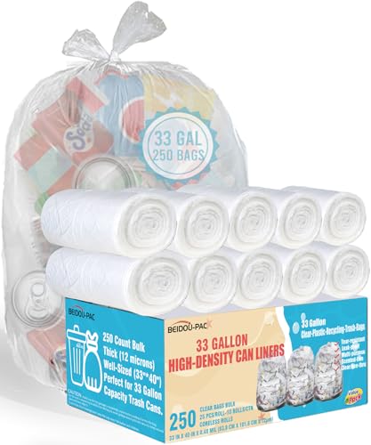 BEIDOU-PAC 33 Gallon Trash Bags, 250 Count Bulk, Heavy Duty Clear Plastic Recycling Garbage Bags, Multi-purpose Can Liners for Business Home Commercial, Industrial Contractors, Storage & Outdoor - style: 33 Gallon |250 Count(Value Pack)