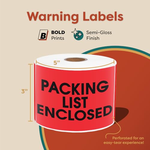 3" X 5" Packing List Enclosed Shipping Stickers (500 Stickers, 1 Roll) - color: Red (Packing List Enclosed)
