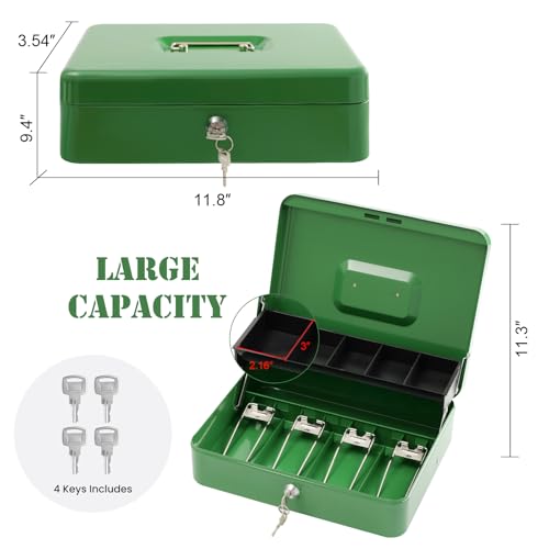 Cash Box with Money Tray and Lock, Metal Money Box for Cash Register 4 Keys - color: Green