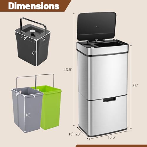 Goplus 19 Gal Motion Sensor Trash Can, 72 L Volume in 4 Containers, Touchless Trash Bin w/Kitchen Waste Bin & 2 Bottom Recycling Bins, Stainless Steel Garbage Can w/Soft Close Lid, Battery Operated - color: Silver, size: 19 Gallon