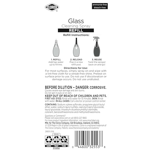 Clorox Glass Cleaner Refills Glass Cleaning System for Mirrors and Window Cleaning, 2 Count