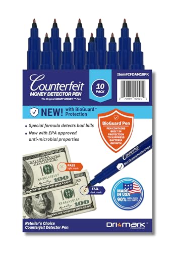 Dri Mark 10 Pack Counterfeit Bill Detector Marker Pen with Bioguard, Made in The USA, Pocket Size, Fake Money Checker - Money Loss Prevention Tester & Fraud Protection for U.S. Currency - style: 10 Pack Bioguard