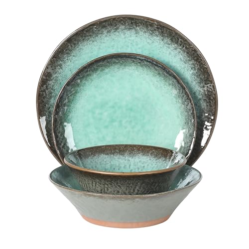 Gibson Elite Green Lantern Service for 4 (16 Piece) Double Bowl Dinnerware Set, Teal, Soft Gray, Dinnerware Set - color: Green (Green Lantern)