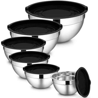 LIANYU Mixing Bowls with Lids Set of 6, Stainless Steel Nesting Metal Bowl - color: Black, style: Atlas Base with Airtight Lids