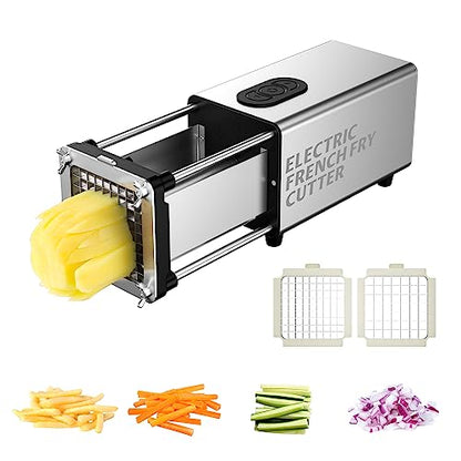 SIXRARI Electric French Fry Cutter, 1/2 & 3/8 Inch Interchangeable Stainless Steel Blades Automatic Potato Cutter, Commercial & Household Potato Slicer, Use for Potatoes Onion Cucumbers - color: Silver