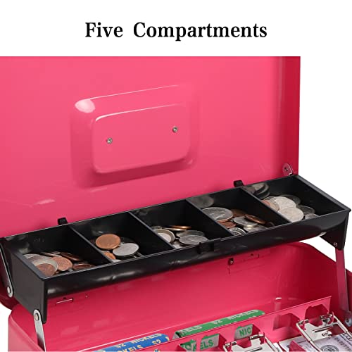 Cash Box with Money Tray and Key Lock, Parrency Large Money Box, 5 Compartments for Cions & 4 Spring-Loaded Clips for Bills, 11.8" x 9.5" x 3.5", K-Pink - color: K-Pink