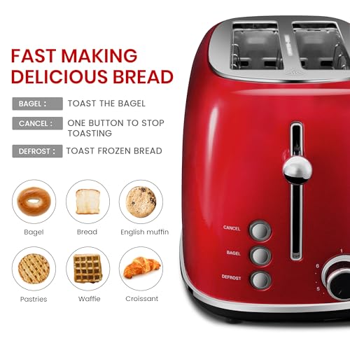 Roter Mond 2 Slice Toaster Retro Stainless Steel with Bagel, Cancel, and Defrost Functions, 6 Bread Shade Settings, Extra Wide Slots and Removable Crumb Tray, Red - color: Red