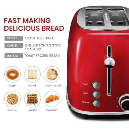 Roter Mond 2 Slice Toaster Retro Stainless Steel with Bagel, Cancel, and Defrost Functions, 6 Bread Shade Settings, Extra Wide Slots and Removable Crumb Tray, Red - color: Red