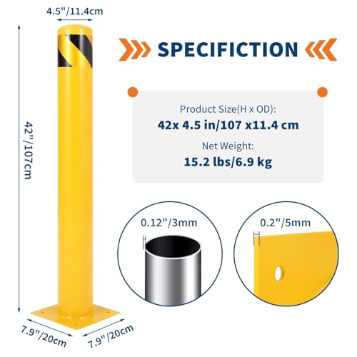 Safety Bollard Traffic Bollard 42 Inch Height Bollard Post, 4.5 Inch Diameter Q235 Steel Bollard Post, 2 Pack Heavy Duty Steel Safety Post for Driveway Parking Lot Garage Traffic Control - size: 42"*4.5"- 2 Pack