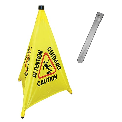 TrueCraftware- 31" Pop-Up Safety Cone with Storage Tube- Multi-Lingual Caution Imprint and Wet Floor Symbol Floor Warning Sign in Public Spaces Safety Warning Signs for Commercial Use