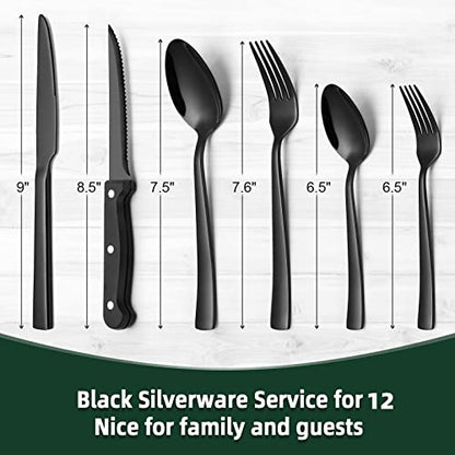 72-Piece Black Silverware Set with Steak Knives for 12, Black Flatware Set