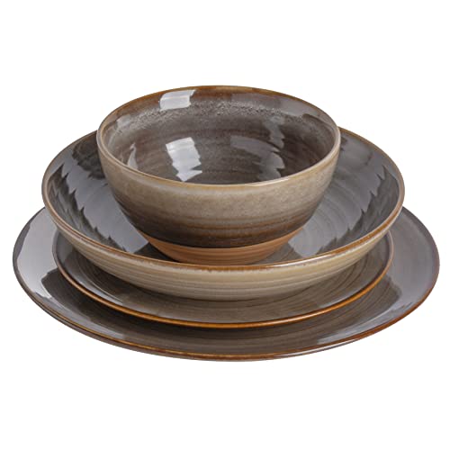 Gibson Elite 16 Piece Dreamweaver Double Bowl Terracotta Reactive Dinnerware Set - Earthy Brown, Service for 4 (16pcs) - color: Earthy Brown (Dreamweaver)