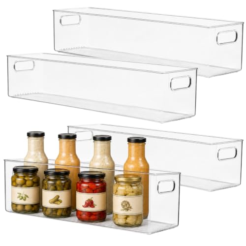 primebox Plastic Food Storage 4 Pack Clear Container Bin with Handles for Organizing Kitchen, Pantry, Refrigerator, Freezer, Pantry, Cabinet, Closet, Bathroom. 20”x6”x5” - size: 20x6x5
