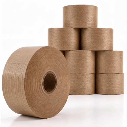 LAUCO Gummed Paper Tape 3" x 450' – Water Activated Kraft Packing Tape with Fiberglass Reinforcement – Heavy Duty, Tamper Evident Shipping Tape – Biodegradable – 10 Rolls 36107