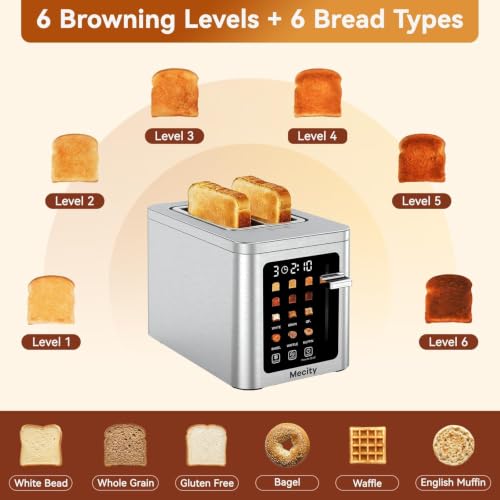 Mecity 2 Slice Toaster Smart Touchscreen, Stainless Steel Wide Slot Toasters Defrost, Reheat, Memory Function, Auto Shutoff, Digital Electric Bread Toaster for Bagel Muffin Waffle, 120V - color: 2 Slot-Brushed stainless steel