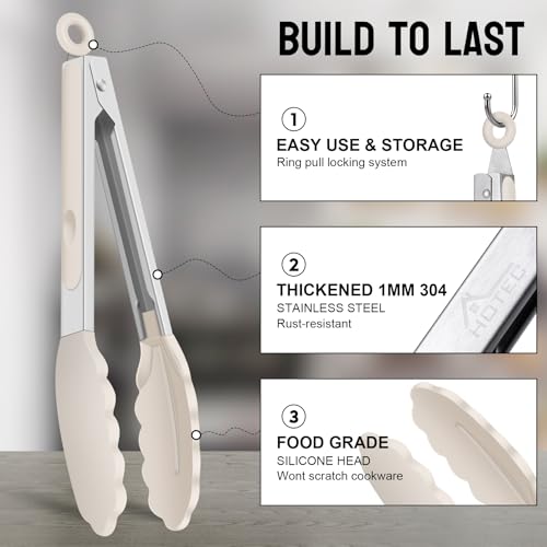 HOTEC Stainless Steel Kitchen Tongs with Silicone Tips, Set of 2-9" and 12" - color: Khaki:12+9inch
