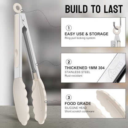 HOTEC Stainless Steel Kitchen Tongs with Silicone Tips, Set of 2-9" and 12" - color: Khaki:12+9inch