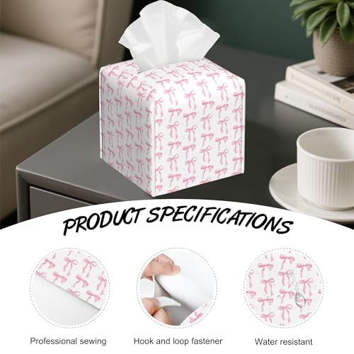 Pink Ribbon Bow Tissue Box Cover,PU Leather Tissue Box Holder Square,Modern Home Decoration for Bathroom Living Room Kitchen Office Car,5.2"×5.2"×5.2" - color: Pink Ribbon Bow