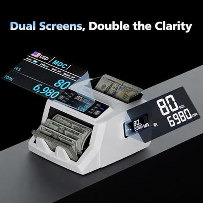 Mixed Denomination Money Counter & High-Security Counterfeit Detector (UV/MG/IR/DD) for USD/EUR/MXN/GBP/CAD, Dual-Display Cash Counting Machine, White