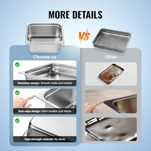 VEVOR 6 Pack Stainless Steel Hotel Pans - 1/2 Size 6-Inch Deep 0.8mm Thick Anti-Jam Commercial Food Pans for Steam Tables, Restaurants, Catering & Industrial Use - size: 1/2 Size, style: 6 Inch Deep Thickened