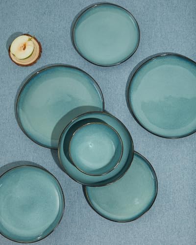 Pokini Stoneware Dinnerware Sets for 4, 12Pcs Ceramic Plates and Bowls Sets - color: Green Black, size: Set (12pcs)
