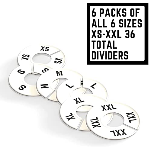 Discount Sizing- Round Clothing Dividers Size Hanger Rack Dividing 36 Pack 6 Each Size (XS-XXL) - Great for Retail, Boutiques, Personal Closet Storage & Organization (White) - color: White