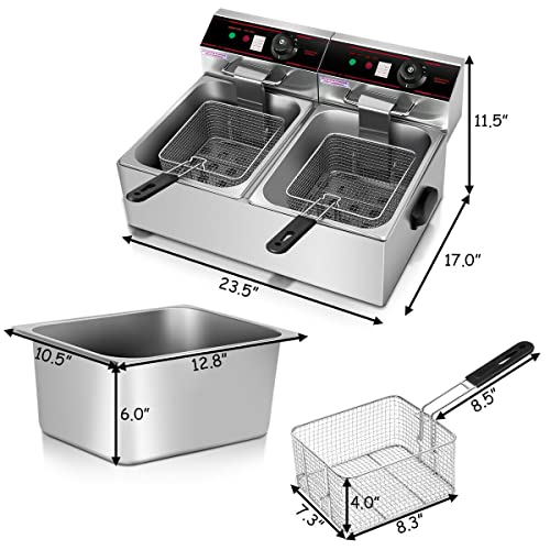 Safstar Professional Electric Deep Fryer, Dual Tank Stainless Steel Chicken Chips Fryer with Basket Scoop for Commercial Restaurant Countertop Family Food Cooking