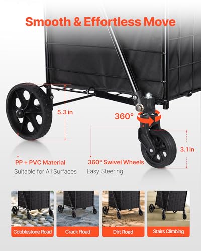VEVOR Shopping Cart, Folding Grocery Utility Cart with Dual Baskets, Waterproof Liner & Wheels, 100 LBS Large Load Capacity, Heavy Duty Laundry Basket for Laundry, Shopping, Camping, Grocery, Luggage - size: Medium