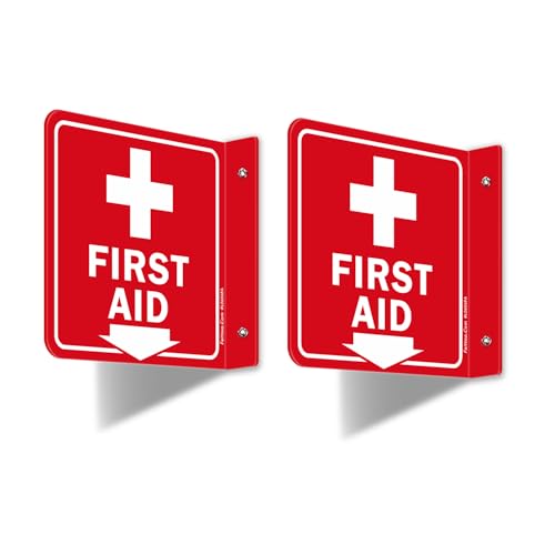 Faittoo First Aid Sign, 2 Pack First Aid with Cross Symbol - 6 x 6 Inches Acrylic Plastic, 2 Pre-Drilled Holes, Includes Matching Screws, Use for Home Office/Business - style: L-shaped 2 Pack