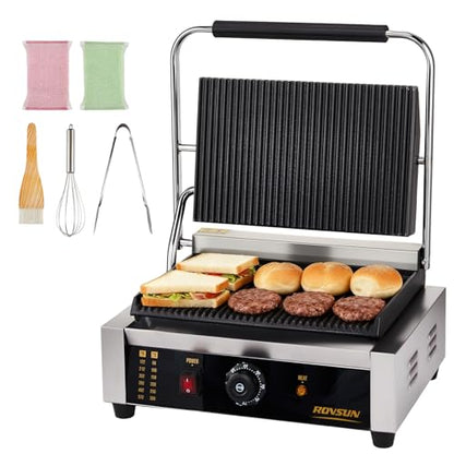 Bonnlo 811E Commercial Sandwich Make, 2200W Stainless Steel Countertop Panini Press Grill with Adjustable Temp 122°F–572°F, For Steak, Burgers, Home & Restaurant Use, 110V, Silver - size: 12.2"D x 16.7"W x 8"H