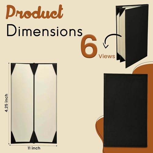Prestine Menu Covers Made of Premium Faux Leather (10-Pack) - 4.25" x 11" - 6 Views - Black - Restaurant Menu - Wine List - Bar Menu - size: 4.25”x11” - 6 Views