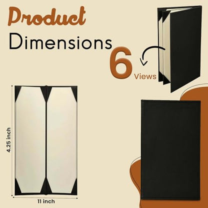 Prestine Menu Covers Made of Premium Faux Leather (10-Pack) - 4.25" x 11" - 6 Views - Black - Restaurant Menu - Wine List - Bar Menu - size: 4.25”x11” - 6 Views