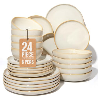 Pokini Stoneware Dinnerware Sets for 6, 24Pcs Ceramic Plates and Bowls Sets - color: Yellow White, size: Set (24pcs-6)