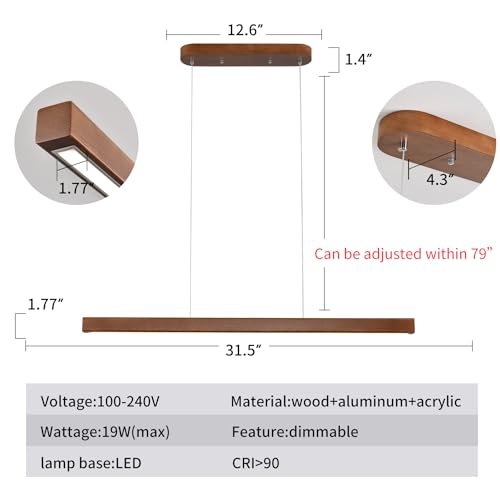 31.5" Wood Linear Pendant Light – Dimmable LED Chandelier with Remote, Adjustable Modern Farmhouse Lighting for Kitchen Islands, Dining Rooms & Bars Walnut Color (19W Energy-Efficient) - color: Walnut, size: 32in