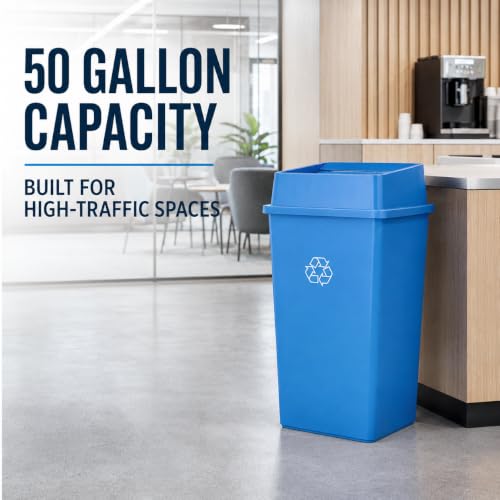 1 Pack Blue 50 Gallon Commercial Recycling Bin with Lid, Extra-Large Square Resin Recycle Container with Built-in Handles for Office, School, Restaurant, Warehouse and Public Facility - color: Blue, size: 50 Gallon
