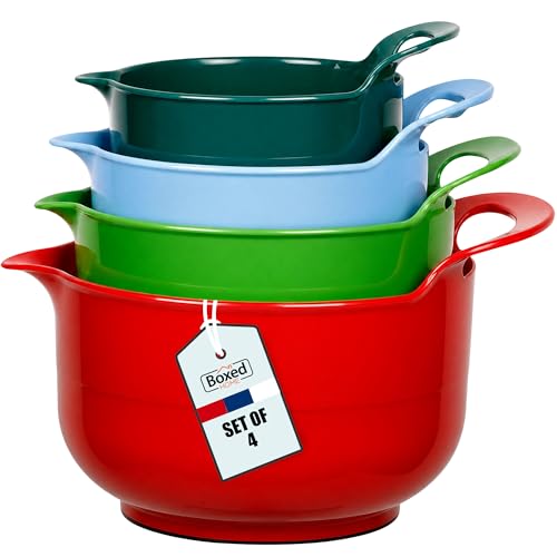 BoxedHome 4 Pack Nesting Mixing Bowl Christmas Set with Pour Spout and Handle, BPA free Microwave & Dishwasher Safe(Christmas colours, 4 Pack with Handle) - color: reddish green