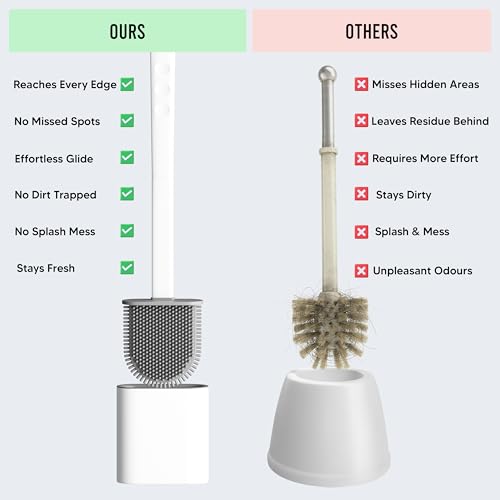 Silicone Toilet Brush and Holder Set – Pack of 2 Wall Mounted Toilet Scrubber Brush White – Long Non-Slip Handle, Modern Design, Flexible Bristles for Easy Cleaning - color: White, size: Pack of 2