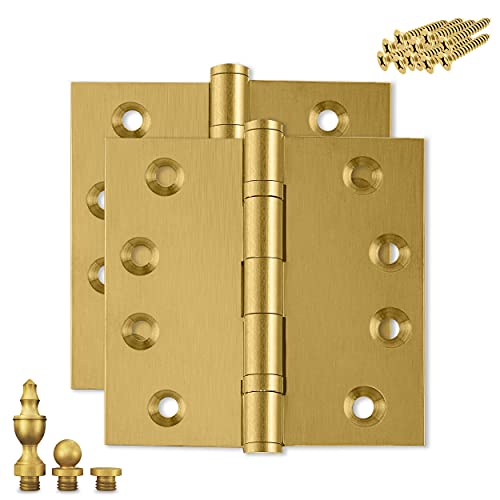 Heavy Duty Door Hinge Matte Brass Ball Bearing 4x4 Inch Heavy Duty with Decorative Screw-on Tips Included - Set of 2 Solid Brass Hinges (Satin Brass) - color: Satin Brass