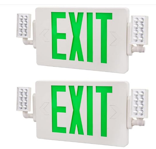 Spectsun 2 Packs Exit Signs with Emergency Lights,120-277VAC -LED Combo Emergency Light with Backup Battery-Double Face UL Listed Green Letter Exit Sign Lighting-Hard Wired-Fire Resistant - color: SPJLECD2GW-WT-2